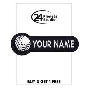 Pode incluir: Etiqueta bordada de ferro preto e branco com uma bola de golfe e o texto "YOUR NAME".
