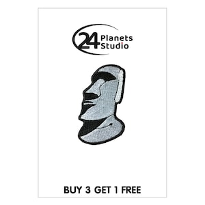 May include: Embroidered iron-on patch featuring a gray and black illustration of the Moai statues on Easter Island. The patch has a black outline and the text "24 Planets Studio" is visible in the top left corner.