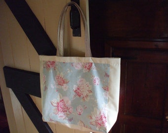 Pretty duck egg ,floral cotton tote bag