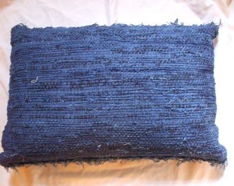 Hand woven indigo fringed cushion cover