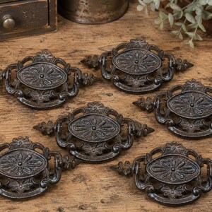 Set of 6 Brown Cast Iron Antique Style Oval Drawer Pulls 7”, Ornate Dresser Handles