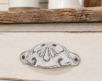 Distressed White Cast Iron Cup Pull / Bin Pull 4 1/2”, Vintage Style Farmhouse Drawer Pull