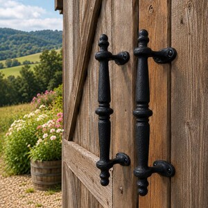 Set of 2 Large Heavy Duty Black Cast Iron Barn Door Handles 9 1/2”, Rustic Gate Pulls