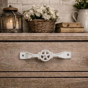 White Cast Iron Star Handle 6.25” Long, Shabby Chic Farmhouse Drawer Pull, Cottage Cabinet Hardware