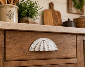 Set of 6 White Cast Iron Cup Pulls 4”, Antique Style Shell Bin Pulls, Rustic Drawer Handles