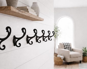 6 czarnych żeliwnych wieszaków na ubrania, zestaw wieszaków ściennych w stylu farmhouse, przemysłowe wieszaki na ręczniki i szlafroki, haki do przedpokoju, 4,75 cala, wytrzymałe