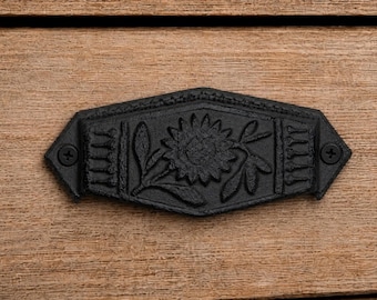 Black Cast Iron Flower Cup Pull 4”, Rustic Drawer Pull, Farmhouse Cabinet Bin Handle