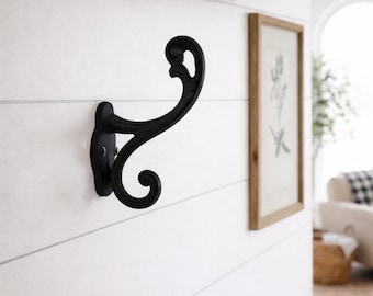 Black Cast Iron Coat Hook, Rustic Farmhouse Wall Hook, Heavy Duty Towel & Robe Hook, Mudroom Entryway 4.75” Heavy Duty Hook