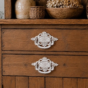 Set of 2 Distressed White Cast Iron Antique Style Oval Drawer Pulls 7”, Farmhouse Dresser Handles
