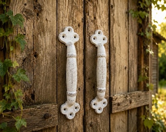 Set of 2 White Cast Iron Barn Door Handles 9” Long, Heavy Duty Rustic Gate Pulls