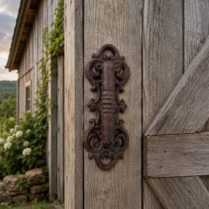 Puede incluir: Un tirador de puerta de hierro fundido de color marrón oscuro y aspecto desgastado, con un diseño ornamental de volutas simétricas, montado verticalmente en un marco de puerta de madera gris claro rústica con acabado texturizado.