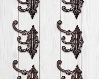 Set of 6 Brown Cast Iron Swivel Coat Hooks 6”, Antique Style 3 Arm Fleur de Lis Hangers