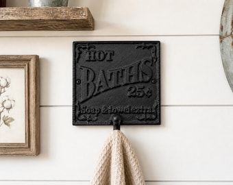 Heavy Duty Black Cast Iron Hot Baths 25 Hook, Rustic Bathroom Towel and Robe Wall Hanger