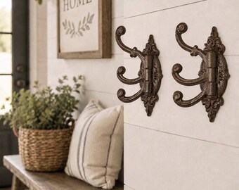 Set of 2 Brown Cast Iron Swivel Coat Hooks 6”, Antique Style 3 Arm Fleur de Lis Hangers