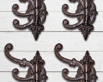 Set of 4 Brown Cast Iron Swivel Coat Hooks 6”, Antique Style 3 Arm Fleur de Lis Hangers