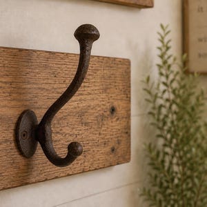 May include: A dark brown, textured metal coat hook with two prongs mounted onto a rectangular piece of light brown wood. The metal hook features a rounded top and a smaller bottom hook, secured to the wooden board with two visible screws.