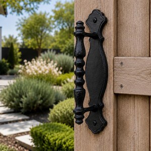 May include: A black cast iron door handle with a textured, spindle-shaped grip and a decorative backplate featuring scalloped ends. The handle is mounted vertically onto a light brown wooden gate with visible horizontal planks and metal screws.
