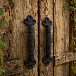 May include: Two black, textured metal door handles with ornate, clover-shaped mounting plates at the top and bottom. The handles are mounted vertically on a pair of weathered, vertical wooden planks that show natural grain and texture.