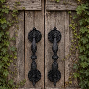 Set of 2 Large Heavy Duty Black Cast Iron Barn Door Handles 9 1/4”, Ornate Gate Pulls
