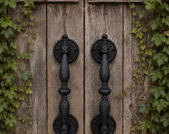 Set of 2 Large Heavy Duty Black Cast Iron Barn Door Handles 9 1/4”, Ornate Gate Pulls