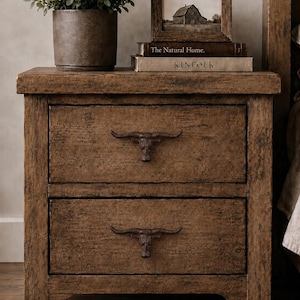 May include: A rustic brown wooden nightstand featuring two drawers with dark metal longhorn steer head pulls. The top surface holds a dark gray planter with a green plant, a small framed picture of a barn, and two stacked books titled The Natural Home and KINFOLK.