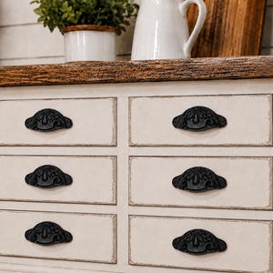 Set of 6 Black Cast Iron Cup Pulls / Bin Pulls 4 1/2”, Vintage Style Drawer Pulls