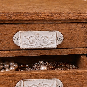 Set of 2 Distressed White Cast Iron Mini Apothecary Cup Pulls 3”, Small Card Catalog Bin Pulls