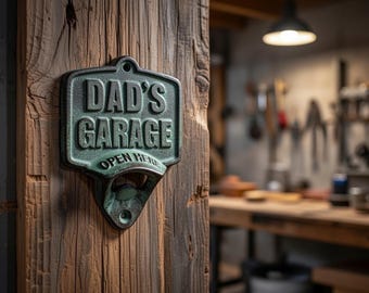 Dad’s Garage Cast Iron Bottle Opener Wall Mount Rustic Green Verdigris Beer Opener Man Cave Decor Funny Father’s Day Gift