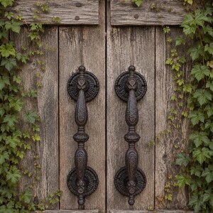 Set of 2 Large Heavy Duty Brown Cast Iron Barn Door Handles 9 1/4”, Ornate Gate Pulls