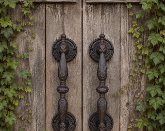 Set of 2 Large Heavy Duty Brown Cast Iron Barn Door Handles 9 1/4”, Ornate Gate Pulls