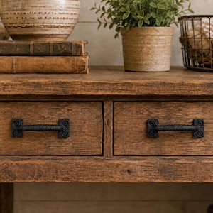 Set of 2 Tiny Black Cast Iron Handles 3 3/4”, Antique Style Drawer Pulls, Small Rustic Cabinet Hardware