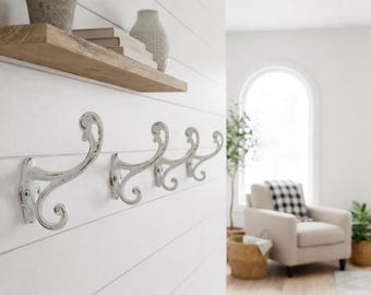 4 białe żeliwne wieszaki na ubrania, zestaw rustykalnych wieszaków ściennych, wieszaki na ręczniki i szlafroki, wieszak do przedpokoju, 4,75 cala, wytrzymały