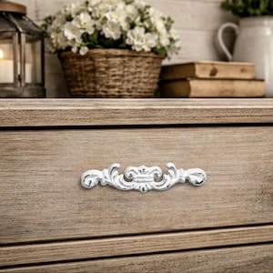 White Cast Iron Drawer Pull 6.25”, Shabby Chic Farmhouse Cabinet Handle, 3.25” Center-to-Center, Screws Included