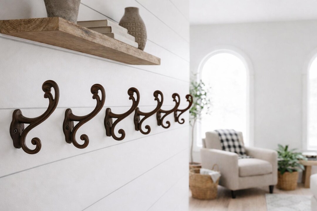 6 Rustic Cast Iron Wall Hooks, Cast Iron Coat Hooks, Rustic Farmhouse ...