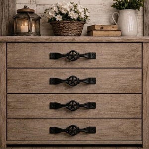Set of 4 Black Cast Iron Star Handles 6.25” Long, Rustic Farmhouse Drawer Pulls, Industrial Cabinet Hardware Set