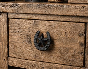 Black Cast Iron Horseshoe Star Drawer Pull Knob, Western Cabinet Knob, Rustic Dresser Hardware
