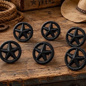 Set of 6 Black Cast Iron Star Knobs 2”, Rustic Western Drawer Pulls, Farmhouse Cabinet Hardware