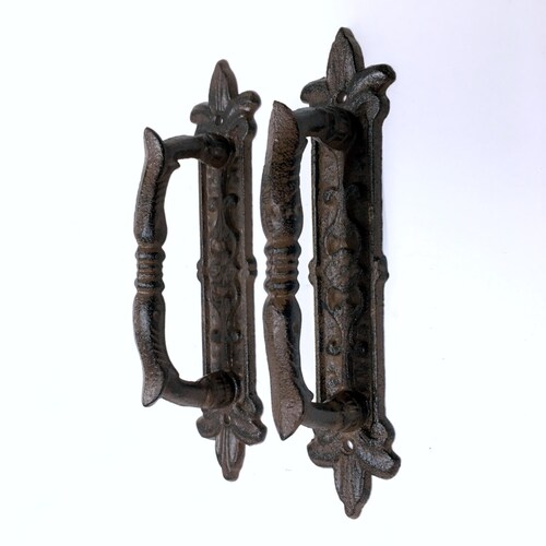 Set Of 2 Rustic Cast Iron Barn Door Handles – Antique Style, 8.75” Long, Brown Finish