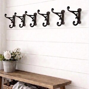 Set of 6 Brown Cast Iron Double Hooks 4.5” Tall, Rustic Farmhouse Wall Hooks, Coat Towel Robe Hook Set