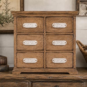 Set of 6 Distressed White Cast Iron Mini Apothecary Cup Pulls 3”, Small Card Catalog Drawer Pulls