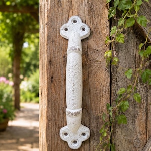 Può includere: Una maniglia per porta in metallo bianco con finitura usurata, dotata di un centro cilindrico e piastre di montaggio decorative a forma di trifoglio in alto e in basso. La maniglia è fissata con quattro viti visibili e presenta una superficie ruvida.