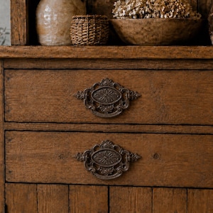 Set of 2 Brown Cast Iron Antique Style Oval Drawer Pulls 7”, Ornate Dresser Handles