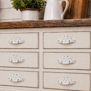 Set of 6 Distressed White Cast Iron Cup Pulls / Bin Pulls 4 1/2”, Vintage Style Drawer Pulls