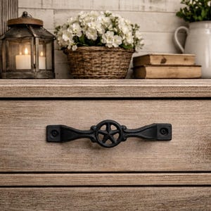 Black Cast Iron Star Handle 6.25” Long, Rustic Farmhouse Drawer Pull, Industrial Cabinet Hardware