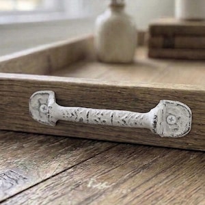 Tirador de hierro fundido blanco de 14 cm de largo, estilo rústico shabby chic, ideal para cajones y armarios.