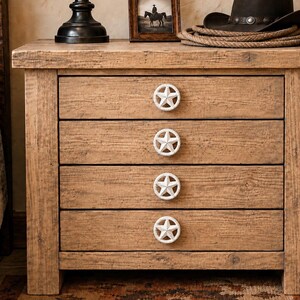Set of 4 Distressed White Cast Iron Star Knobs 2”, Rustic Western Drawer Pulls