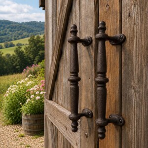 Set of 2 Large Heavy Duty Brown Cast Iron Barn Door Handles 9 1/2”, Rustic Gate Pulls