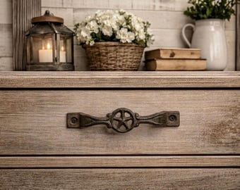 Brown Cast Iron Star Handle 6.25” Long, Rustic Farmhouse Drawer Pull, Western Cabin Cabinet Hardware, Texas Star Handle