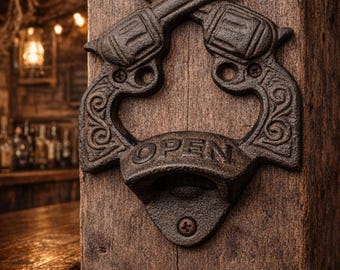 Otwieracz do butelek z żeliwa w kształcie skrzyżowanych pistoletów – dekoracja do saloonu w stylu western – prezent dla kowboja – otwieracz do piwa w kształcie rewolweru – rustykalny prezent dla miłośnika broni