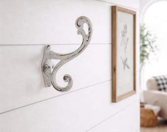 Biały wieszak ścienny na ubrania, żeliwny hak, rustykalny wieszak ścienny w stylu wiejskim, antyczny, wieszak na szlafrok, wytrzymały hak 4,75 cala